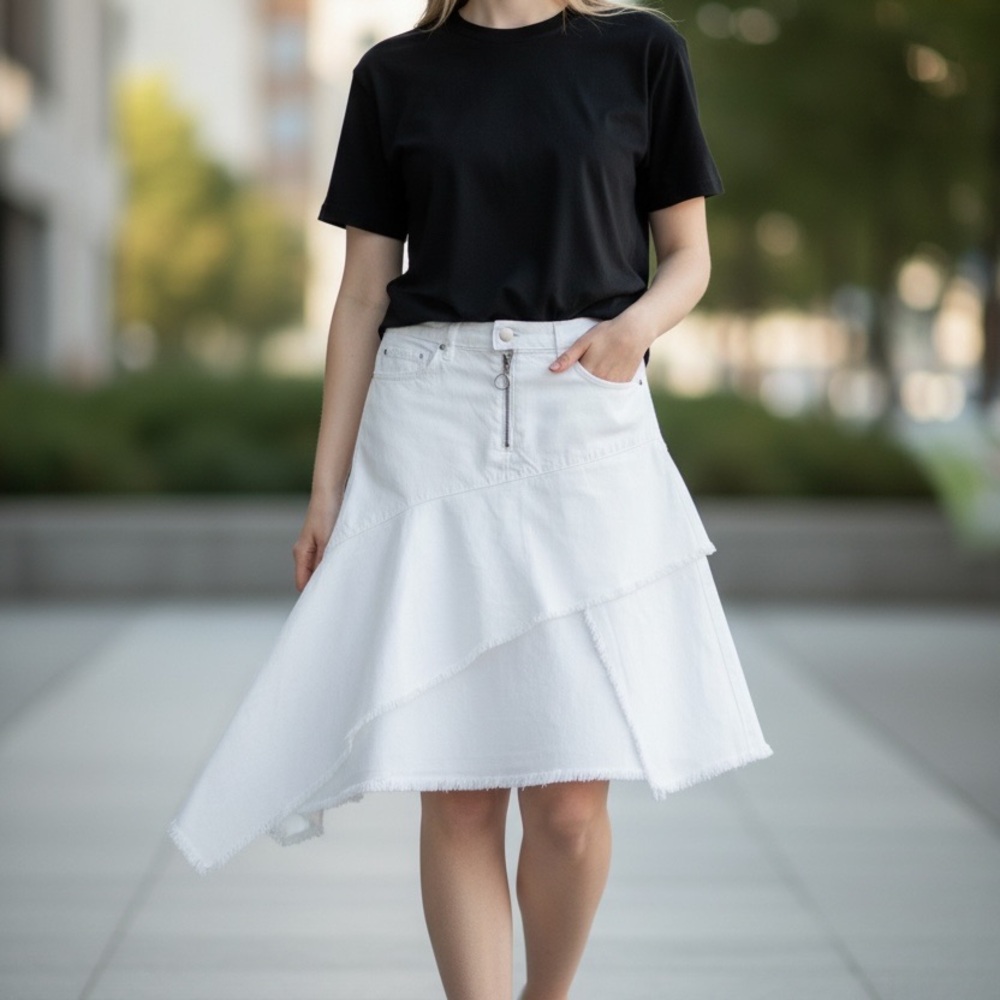 Eight Dreams Denim White Asymmetrical Skirt XS Italian Cotton Raw Hem High Low